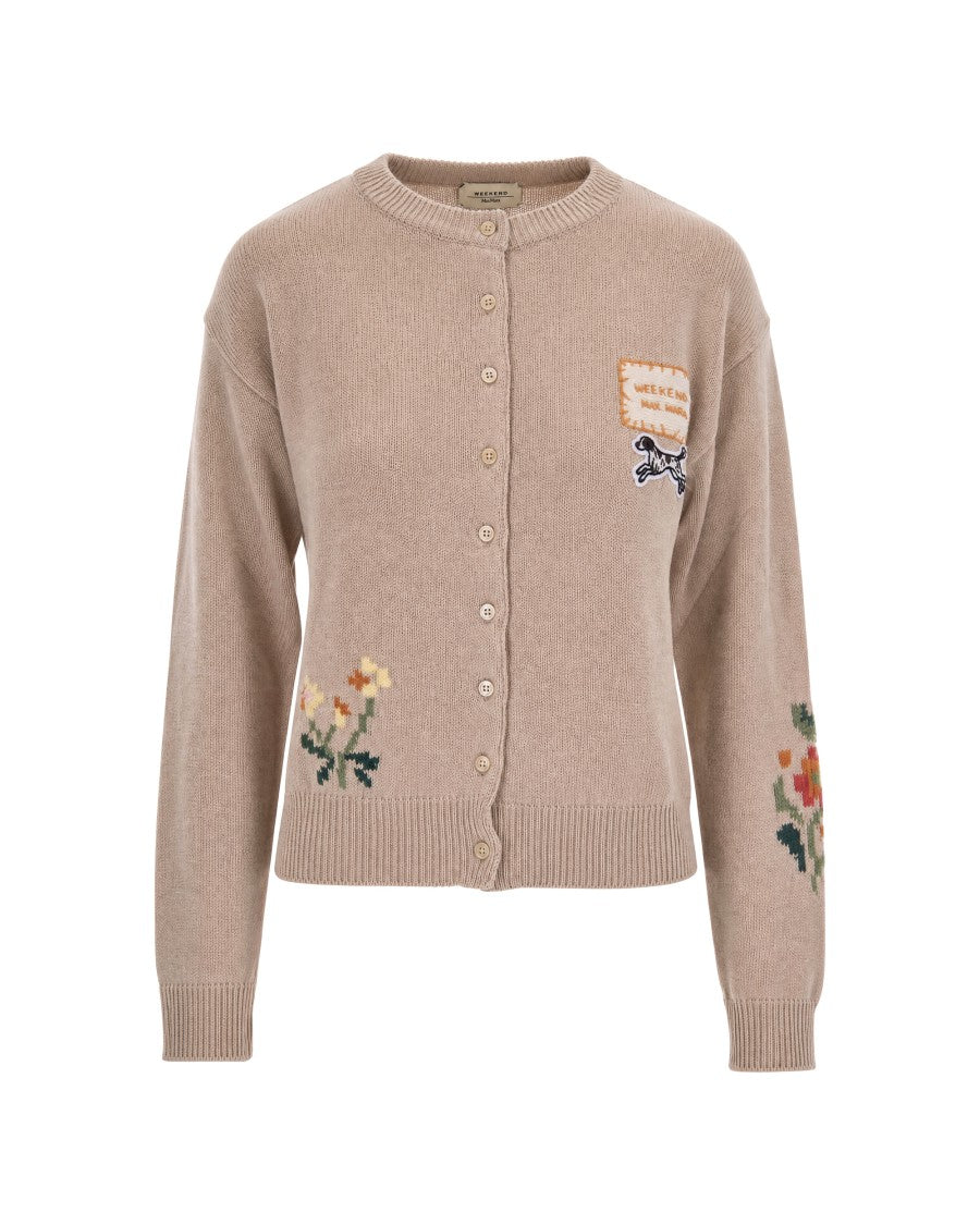 Max Mara Beige Floral Embroidered Knitted Button Cardigan