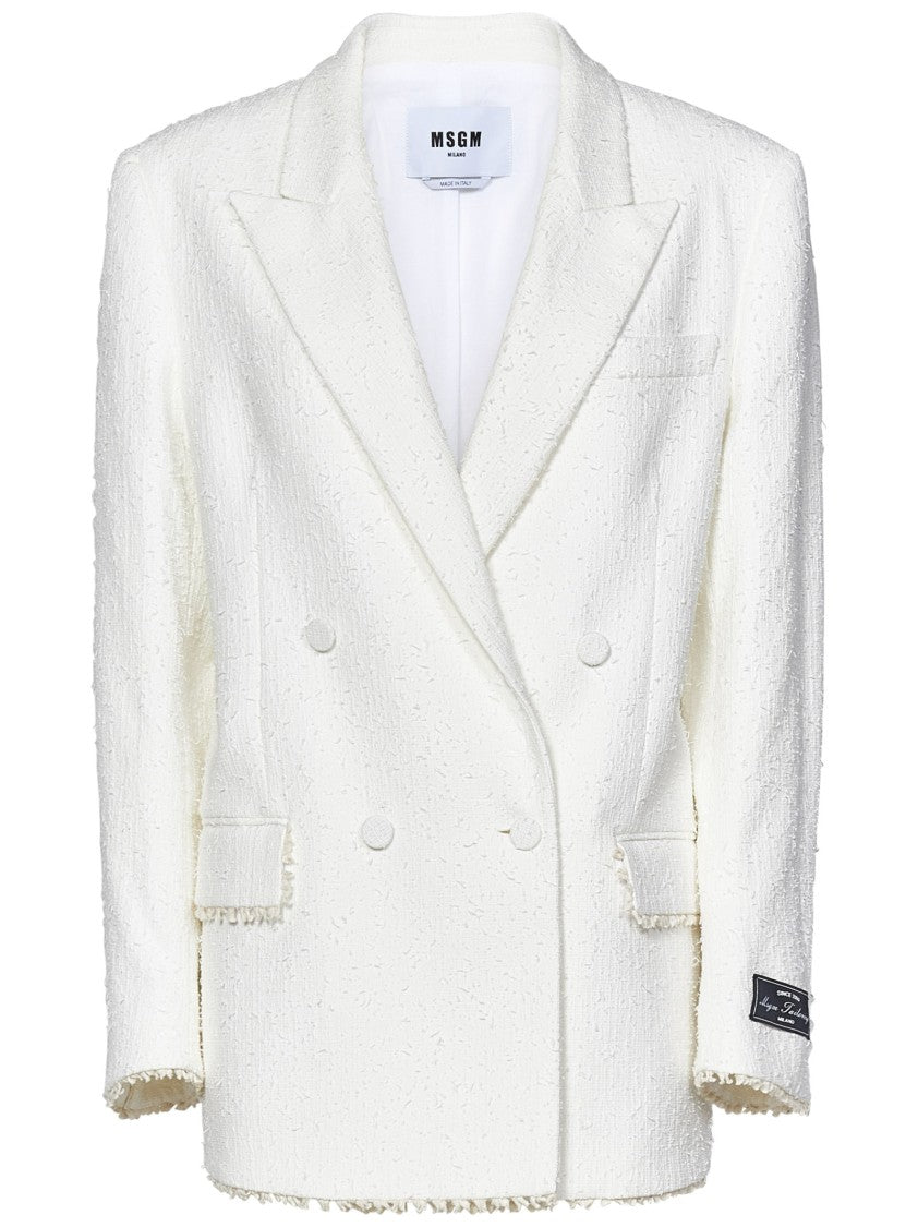 Msgm Textured White Tweed Double-Breasted Blazer