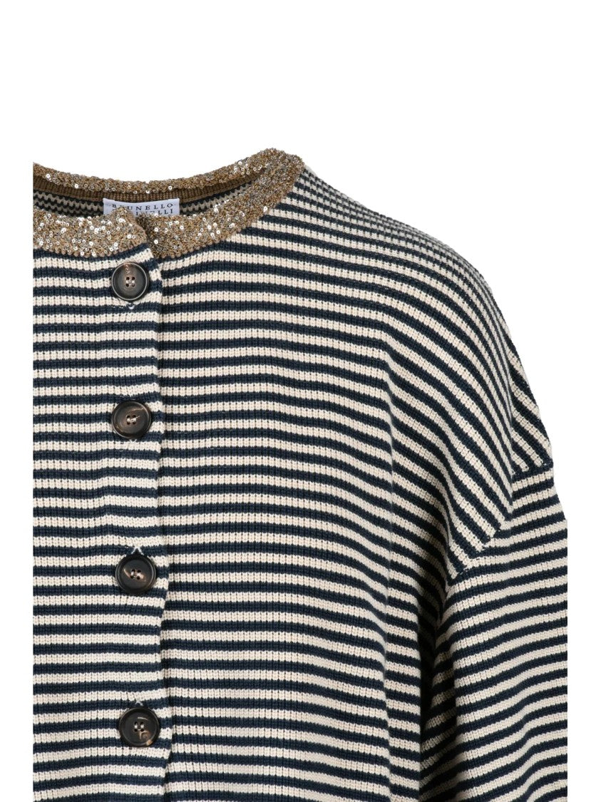 Brunello Cucinelli Crew Neck Cardigan Sequins - Beige/Blue