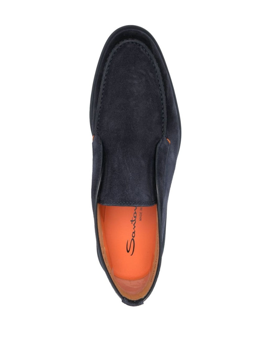 Santoni Midnight Blue Calf Suede Slip-On Shoes With Branded Insole
