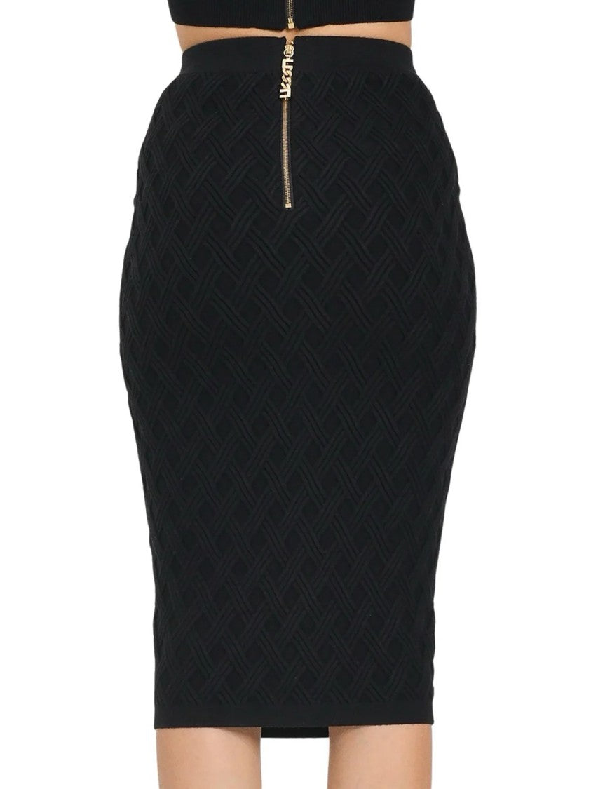 Elisabetta Franchi Textured Knit Midi Skirt With Gold Chain Belt Detail