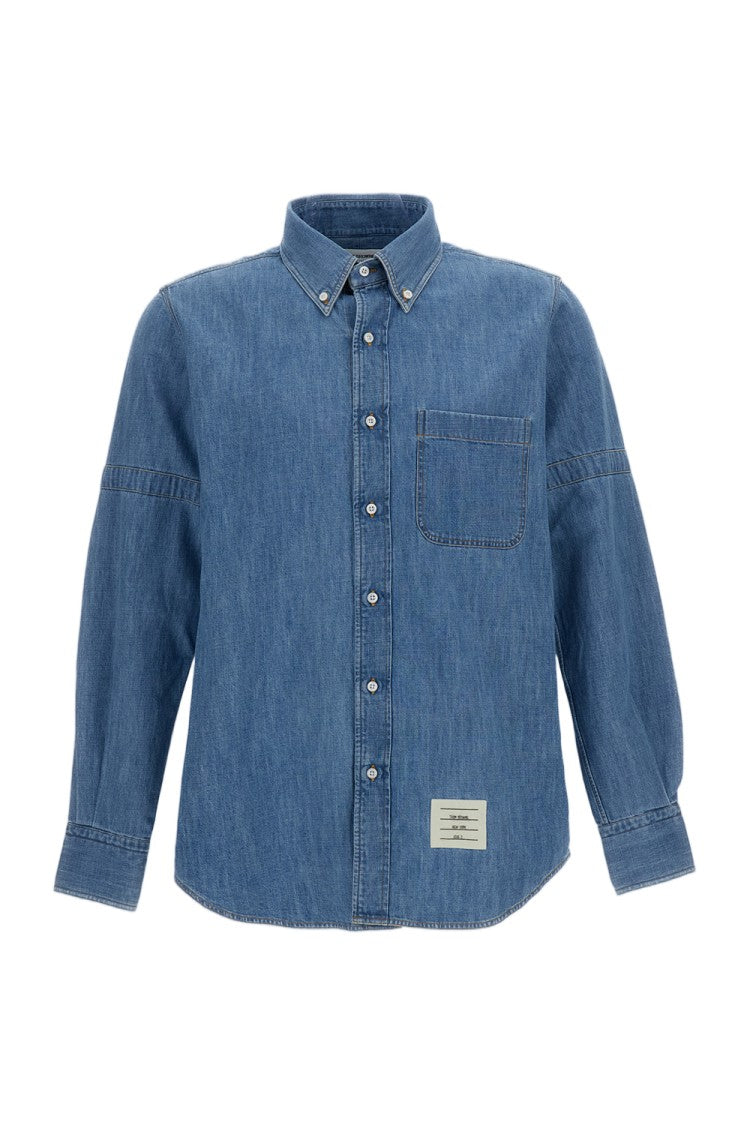 Thom Browne Blue Denim Armbands Curved Hem Casual Shirt