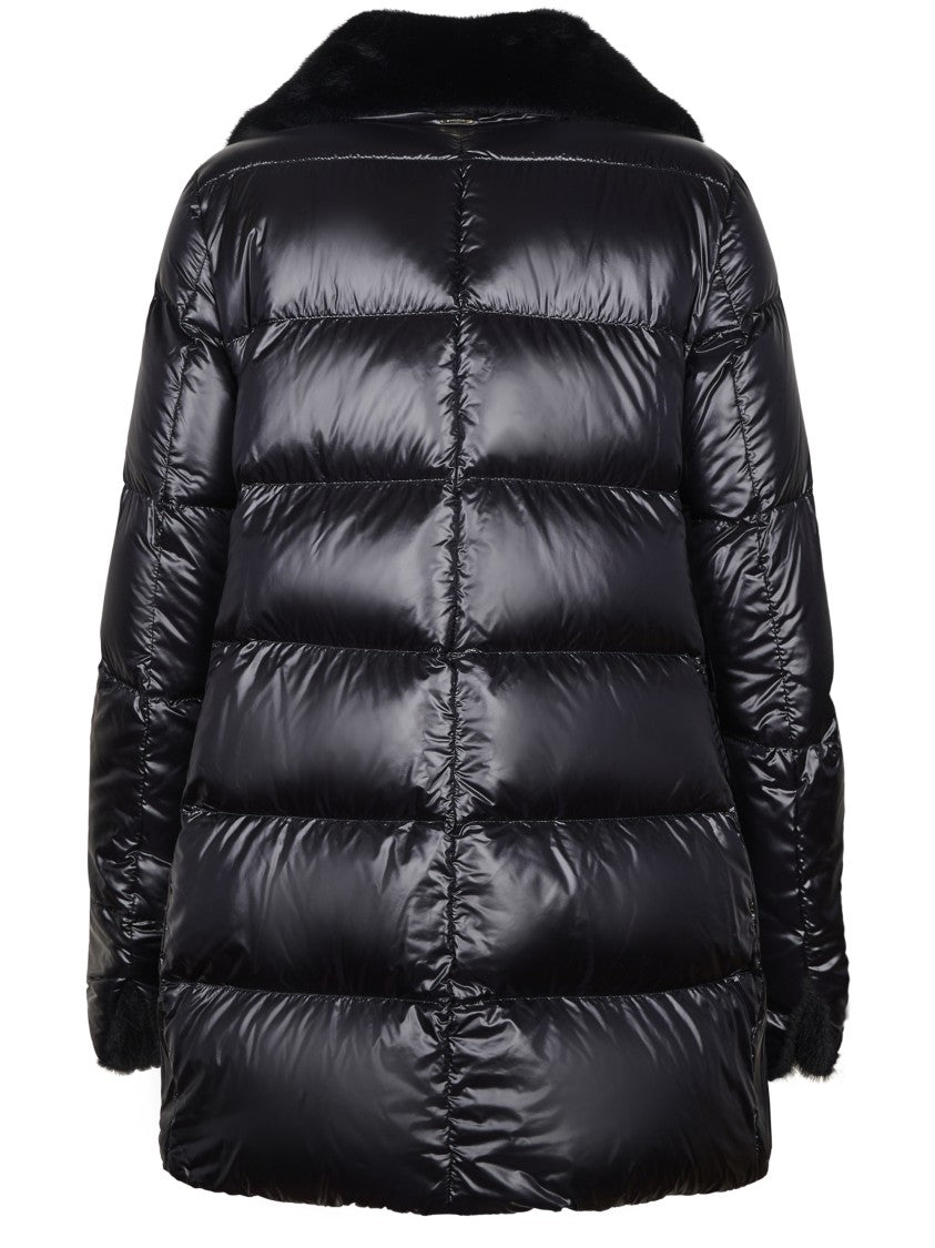 Herno Glossy Quilted Short Coat With Plush Collar And Metallic Details
