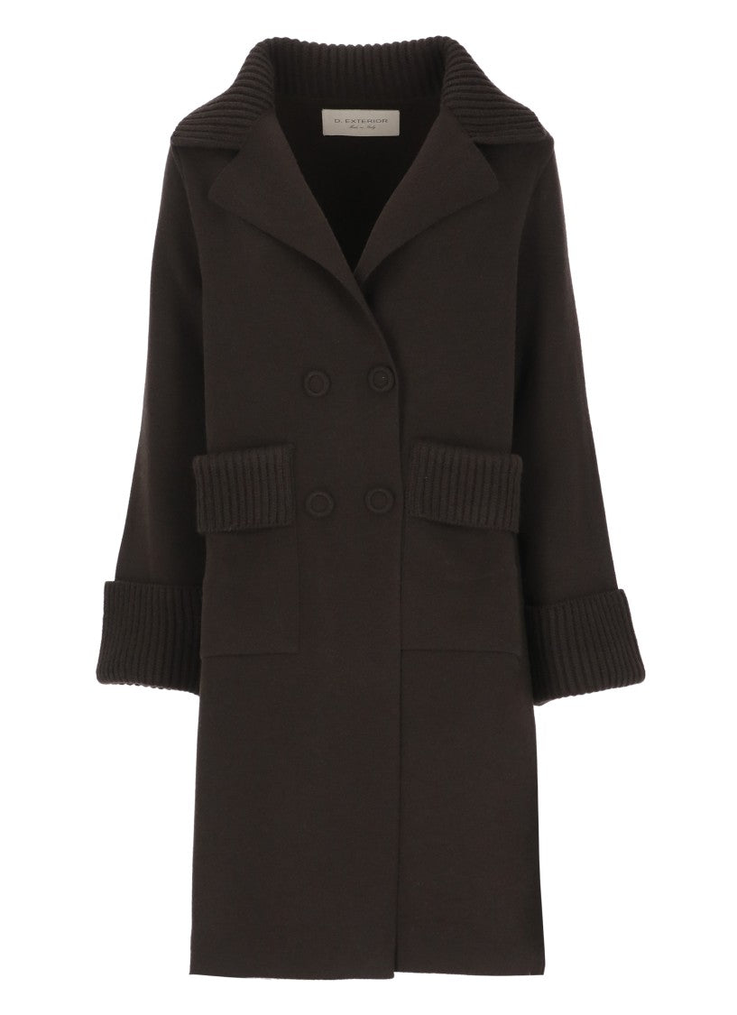 D. Exterior Brown Ribbed Trims Classic Lapel Wool Coat