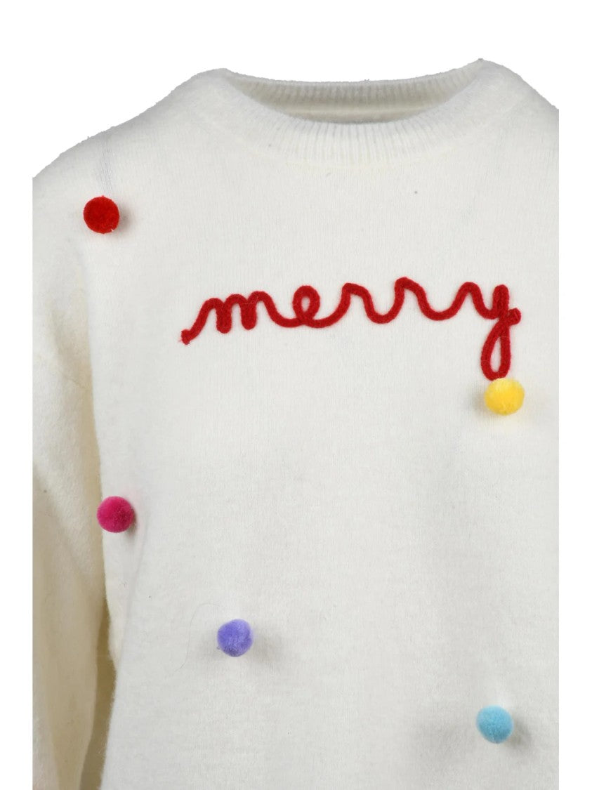 Mc2 Saint Barth Crewneck Pullover With Colorful Pom-Poms And Festive Embroidery