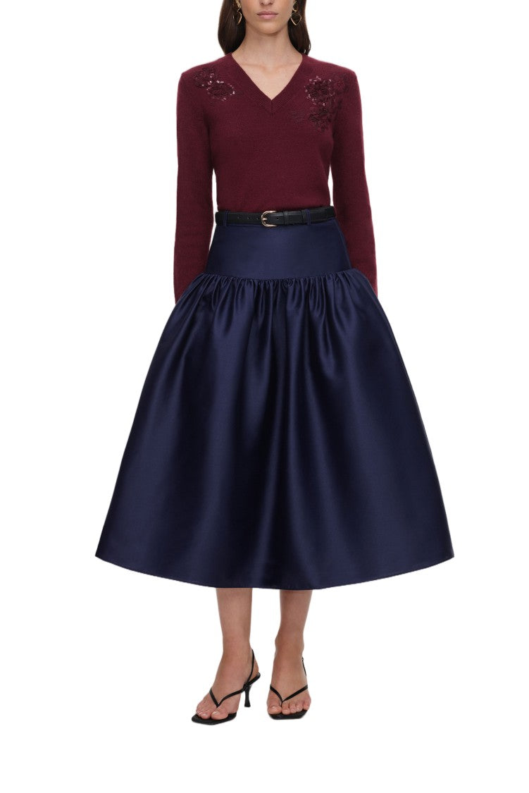 Self-Portrait Burgundy Knit Sweater With Deep V-Neckline And Floral Embellishments