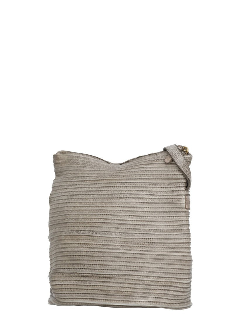 Majo Majo Grey Leather Shoulder Bag With Textured Ribbed Finish
