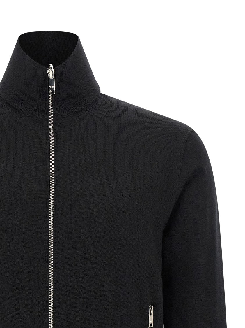 Prada Reversible Wool Knit Cardigan With High Neck And Functional Pockets