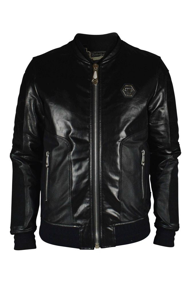 Philipp Plein Black Leather Bomber Jacket With Suede Inserts