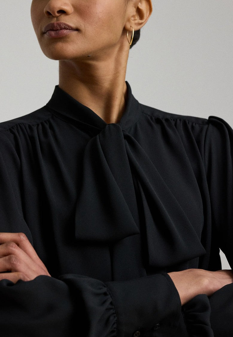 Lauren Ralph Lauren Black Bow-Tie Neckline Voluminous-Sleeve Blouse