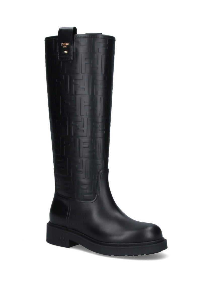 Fendi Tall Black Calf Leather Boots With Embossed Ff Pattern And Gold Accents