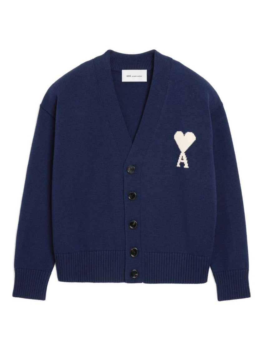 Ami Paris Blue Heart Motif V-Neck Knit Sweater