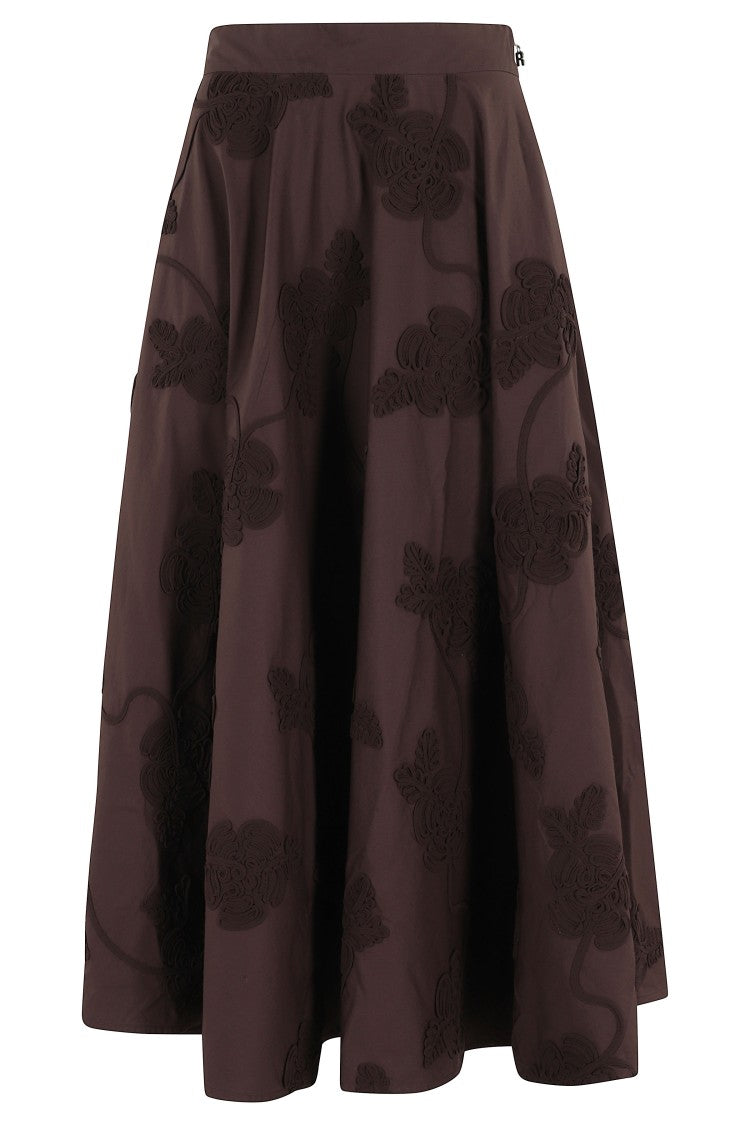 Rotate Brown Flower Embroidered Flared Cotton Maxi Skirt
