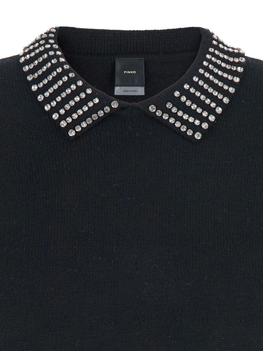 Pinko Classic Black Sweater With Embellished Collar And Ribbed Hem