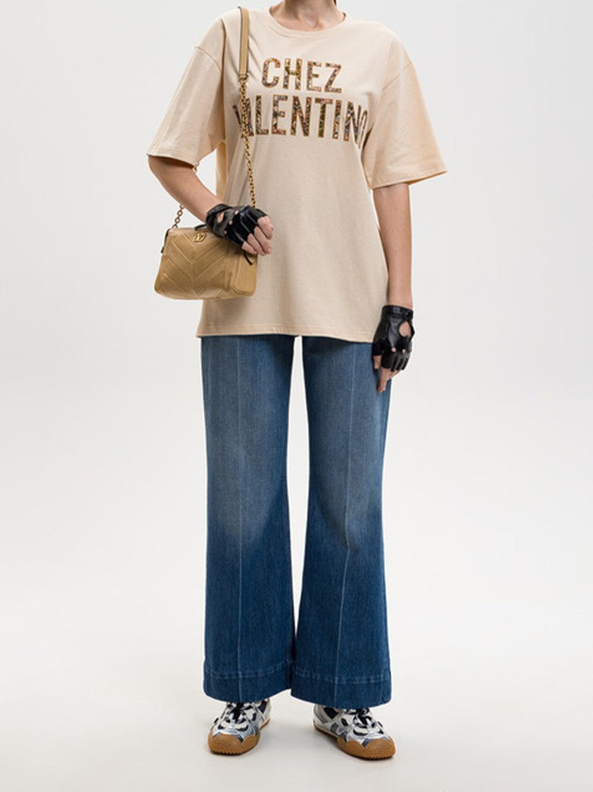 Valentino Neutral Relaxed-Fit Textured Lettering T-Shirt