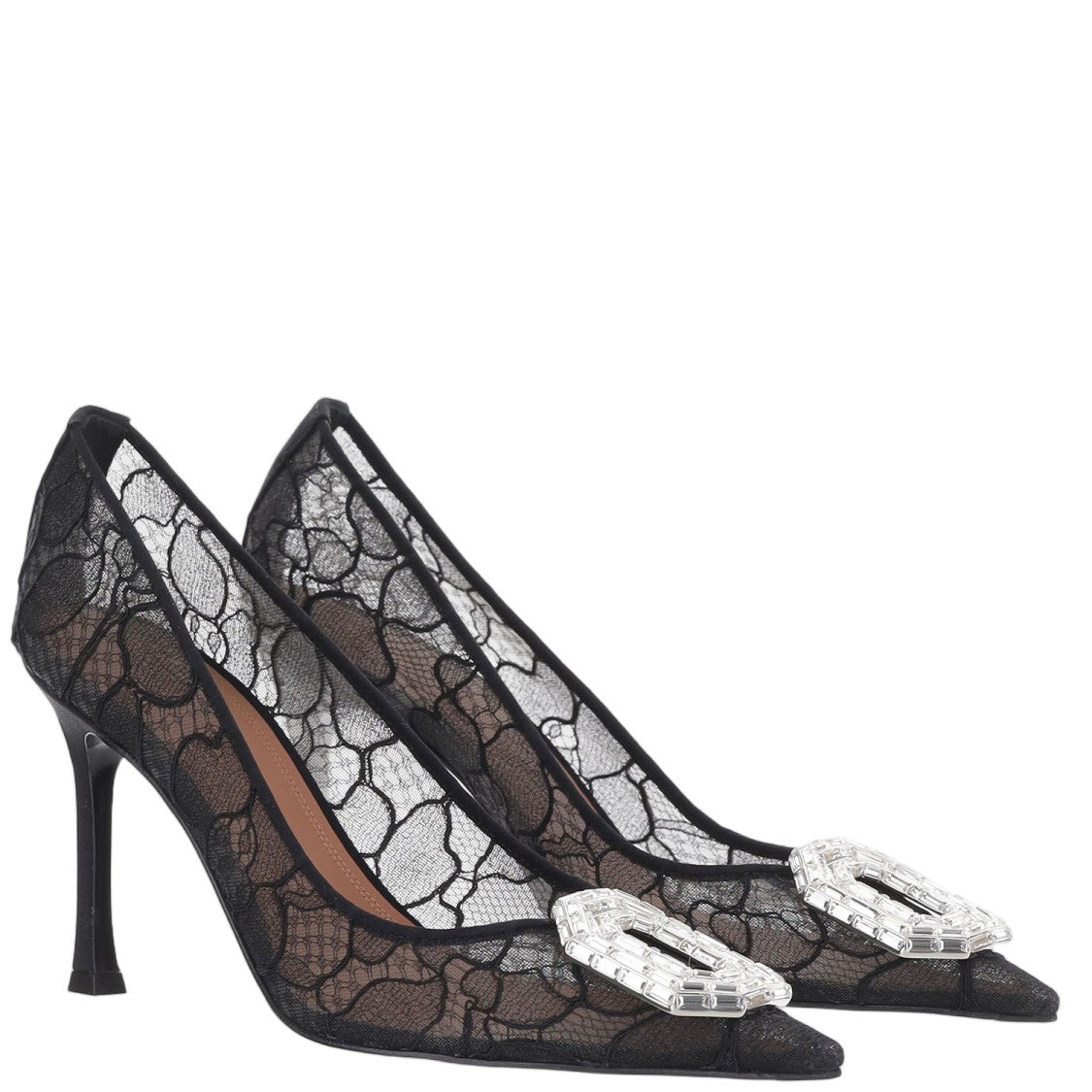 Amina Muaddi Black Camelia Fabric Lace Pointed-Toe Pumps
