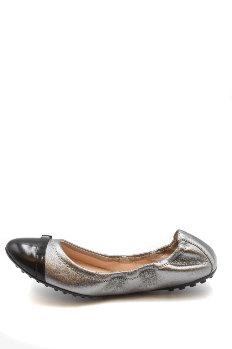Tod's Dark Gray Elasticated Contrast Cap Toe Metallic Leather Flats