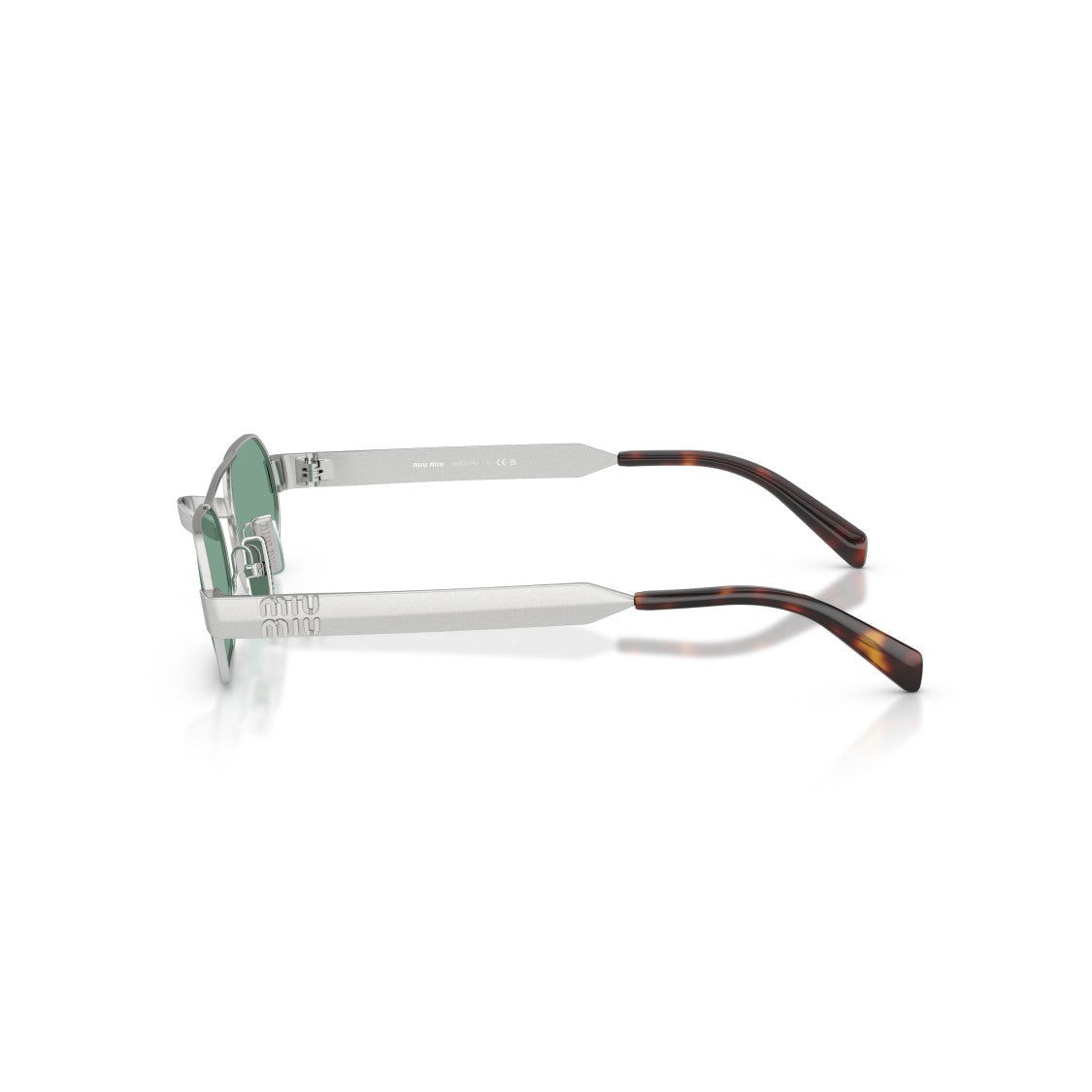 Miu Miu Rectangular Green Lens Sunglasses With Silver Metal Frame