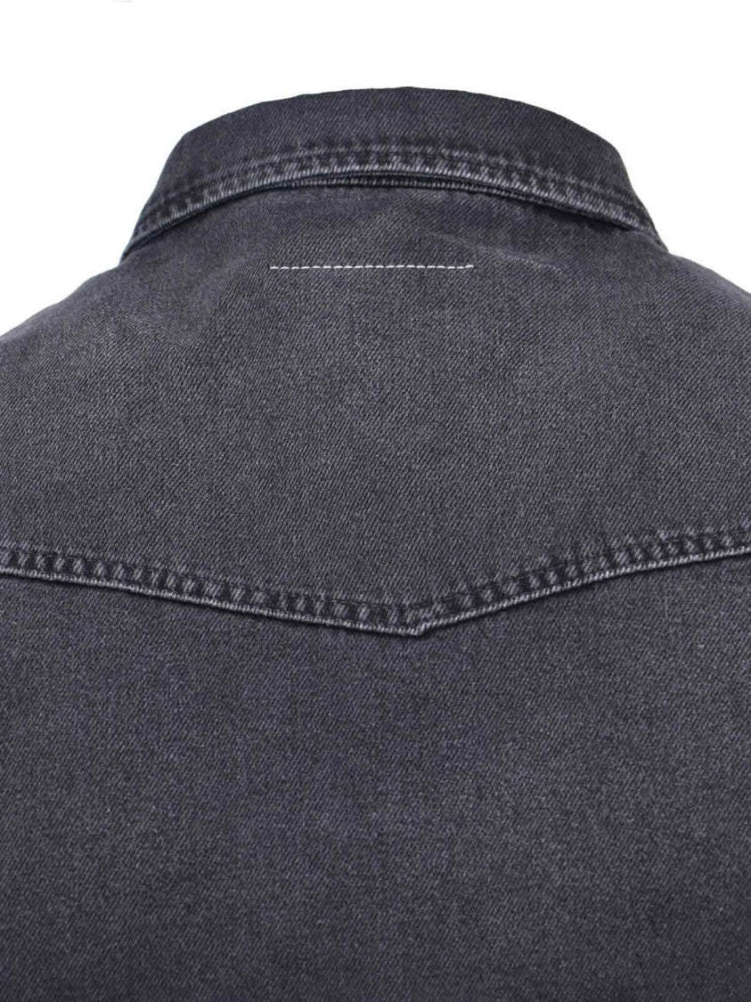 Mm6 By Maison Margiela Black Denim Shirt With Visible Stitching And Curved Hem