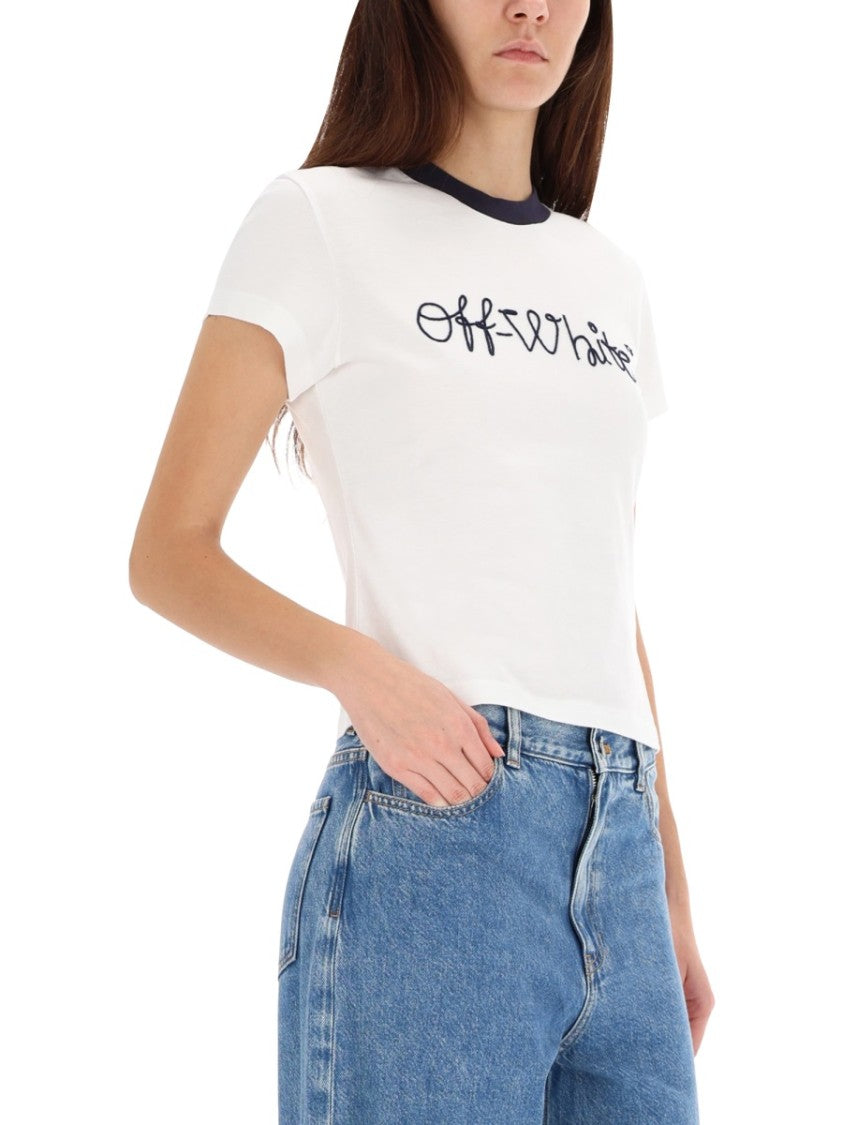 Off-White Cropped T-Shirt With Embroidered Logo