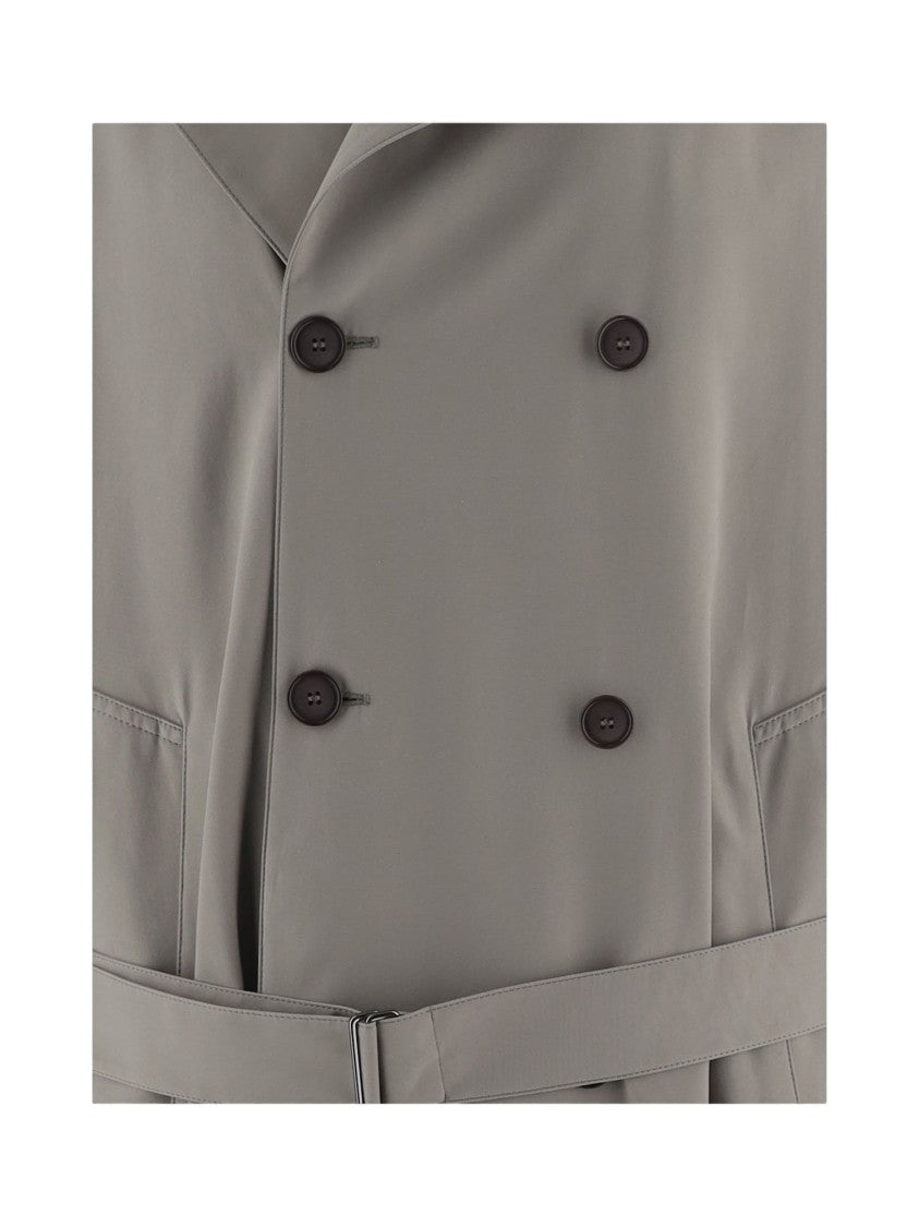 Giorgio Armani Double-Breasted Light Gray Nylon Coat With Waist Belt