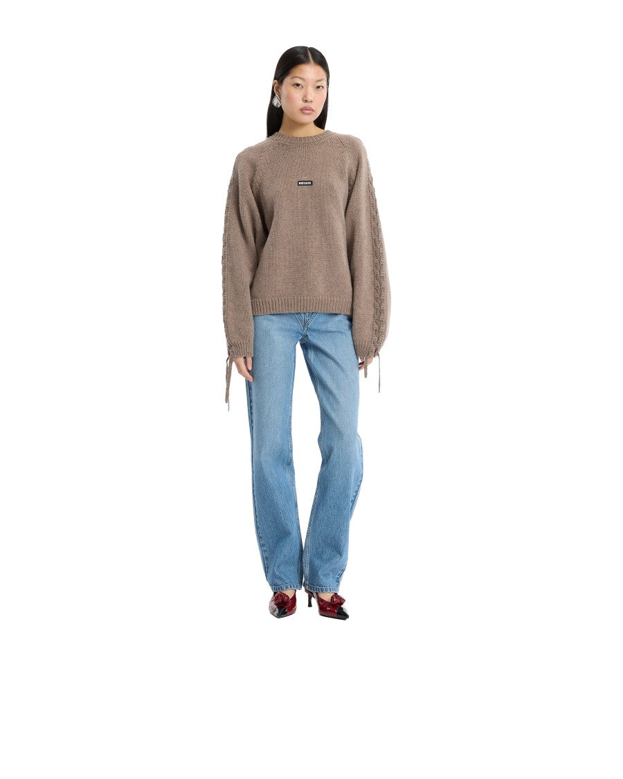 Rotate Intricate Lace-Up Knitted Sweater In Muted Taupe