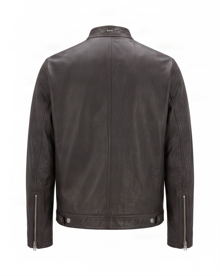 Boss Leather Effect Jacket With Zip Closure And Shirt Collar