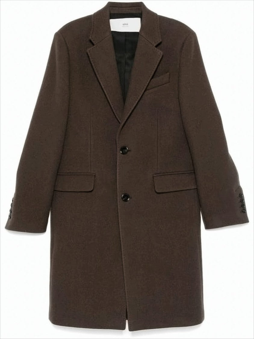 Ami Brown Tailored Wool Coat With Notched Lapel And Classic Silhouette