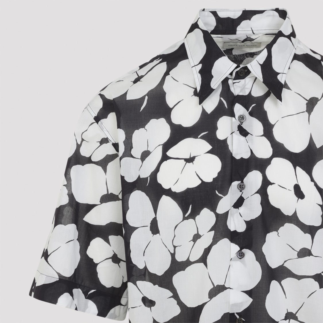 Dries Van Noten Short-Sleeve Black Cotton Shirt With Floral Pattern
