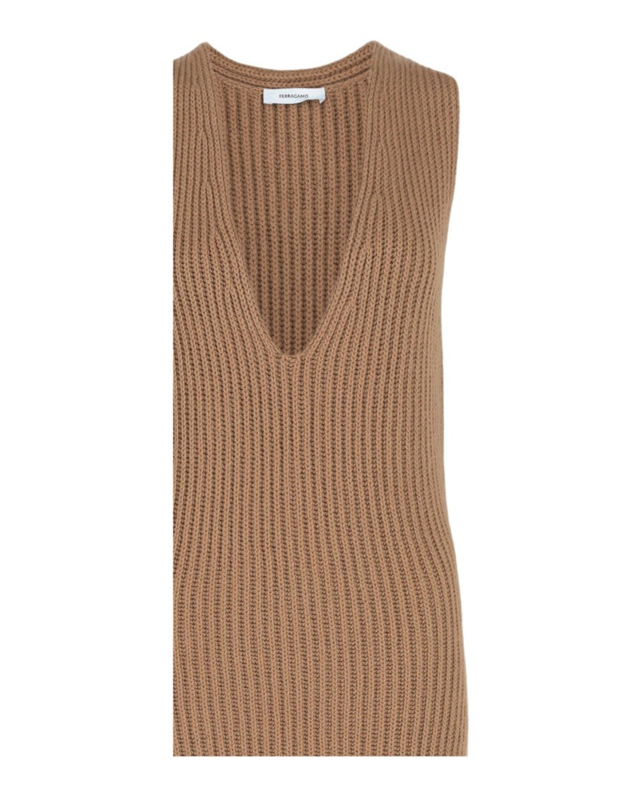 Ferragamo Ribbed Knit Midi Dress With Deep V-Neck And Flared Hem