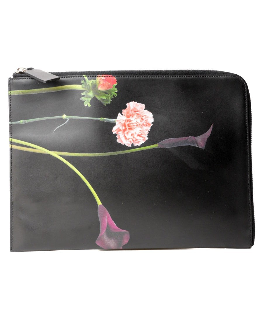 Valentino Peony Print Black Leather Clutch
