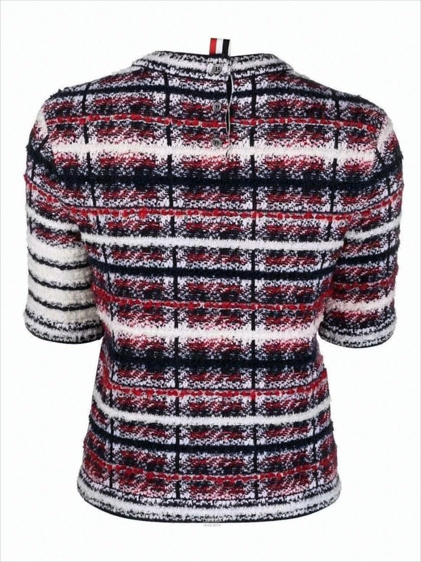 Thom Browne Short-Sleeved Textured Knit Plaid Sweater