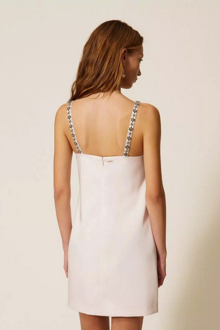 Twin-Set Sand Polyester-Viscose Crystal-Strap Shift Mini Dress