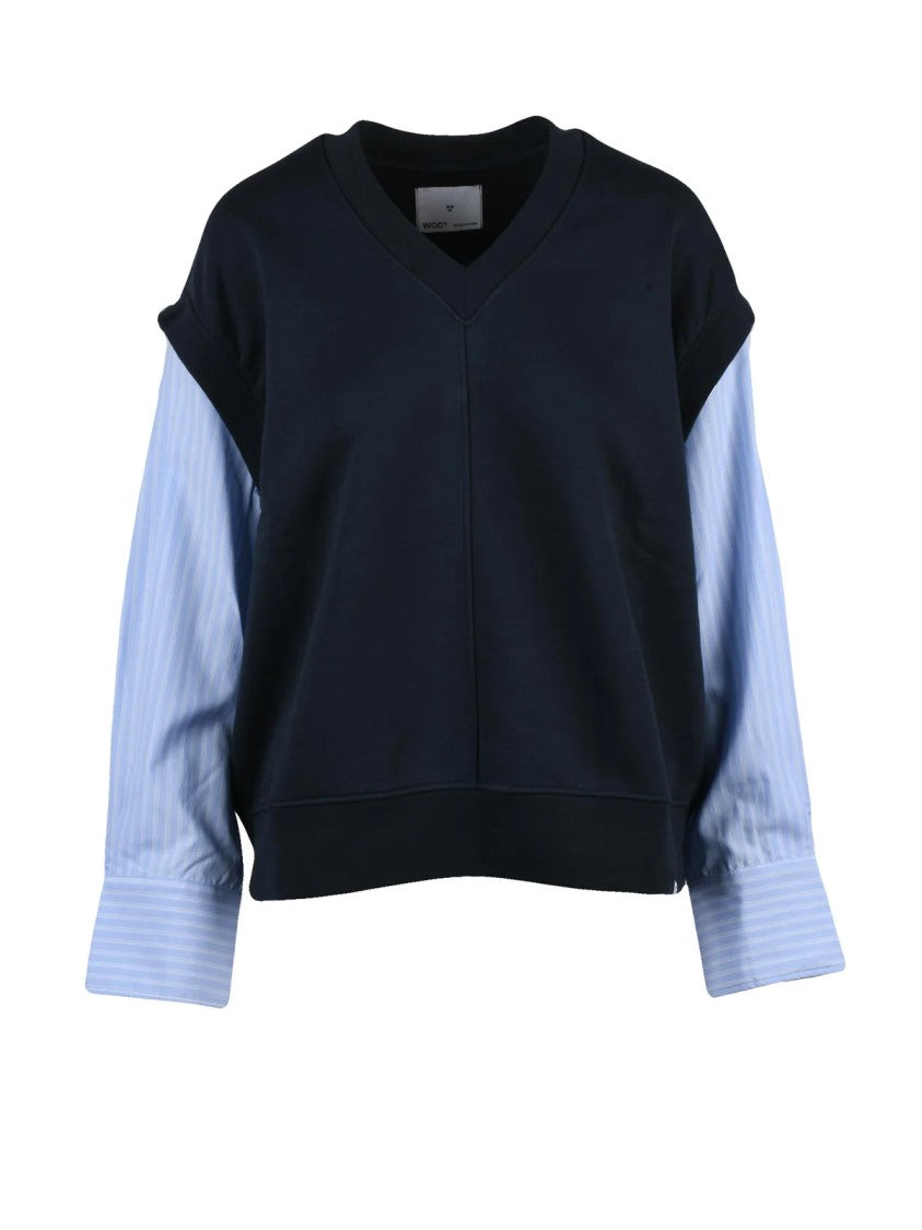 Woc Writing On Cover Blue Layered Striped Sleeve Cotton-Blend Sweatshirt