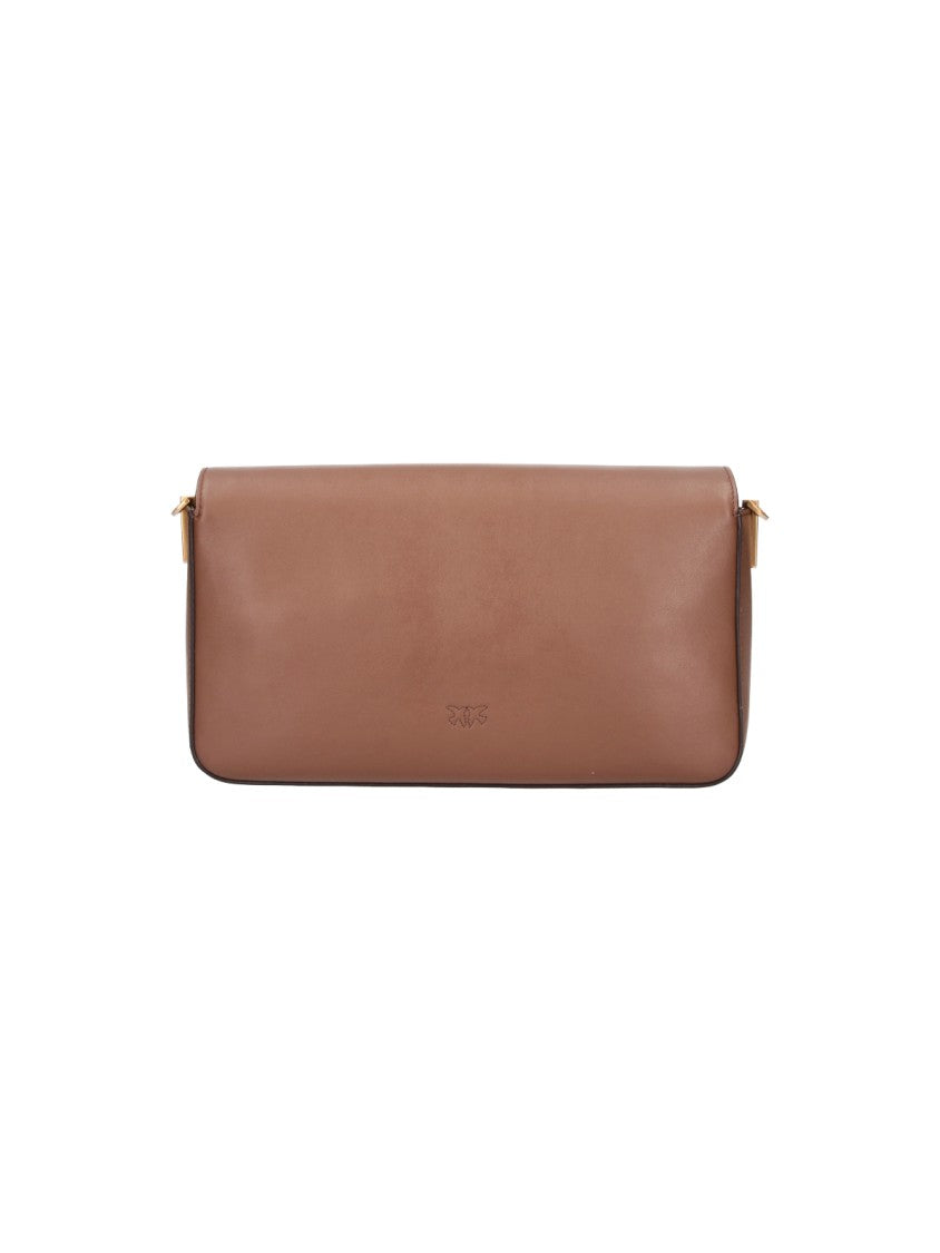Pinko Brown Leather Love Birds Flap Shoulder Bag