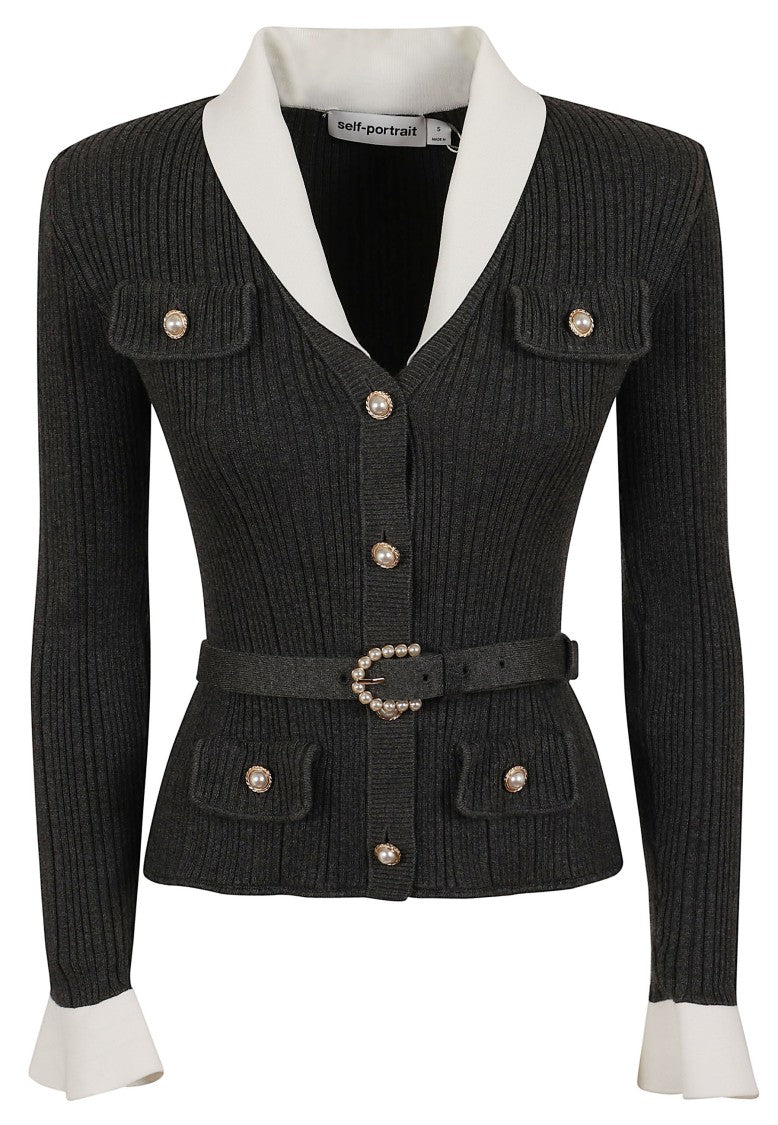 Self-Portrait Grey Fitted Ribbed Wool Pearl-Embellished Cardigan