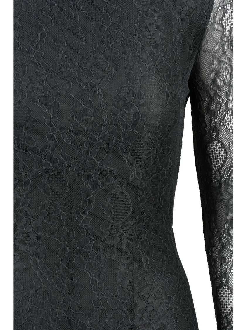 Marella Monochrome Monochrome Lace Midi Dress With Sheer Sleeves And Flared Skirt