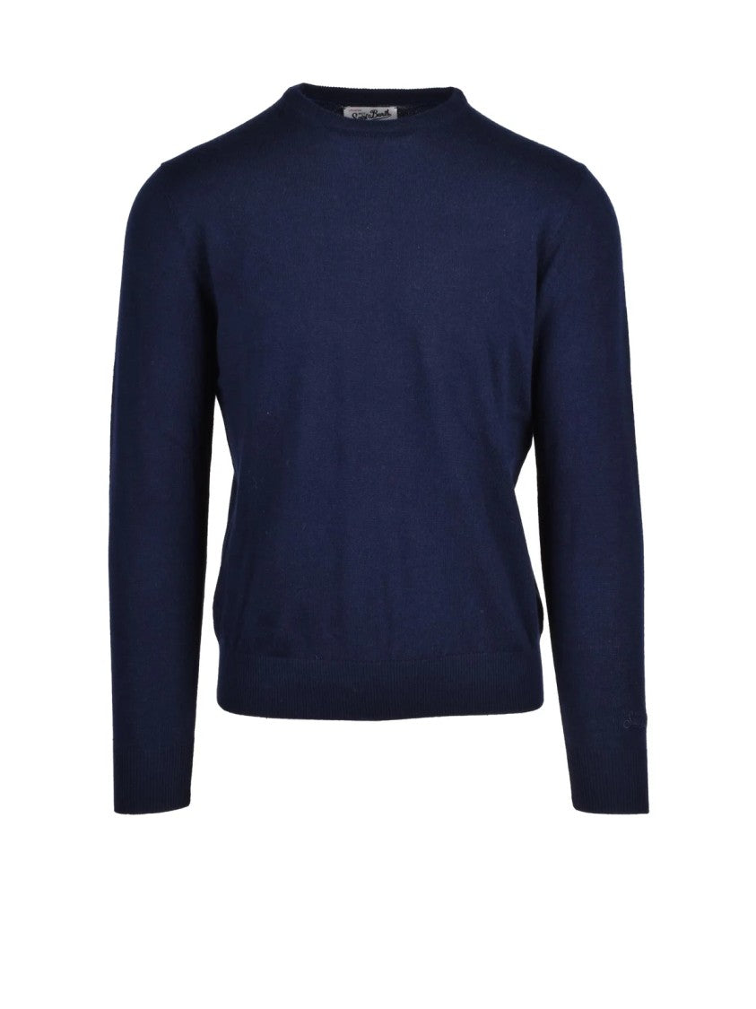 Mc2 Saint Barth Deep Blue Extrafine Merino Wool-Cashmere Crewneck Sweater