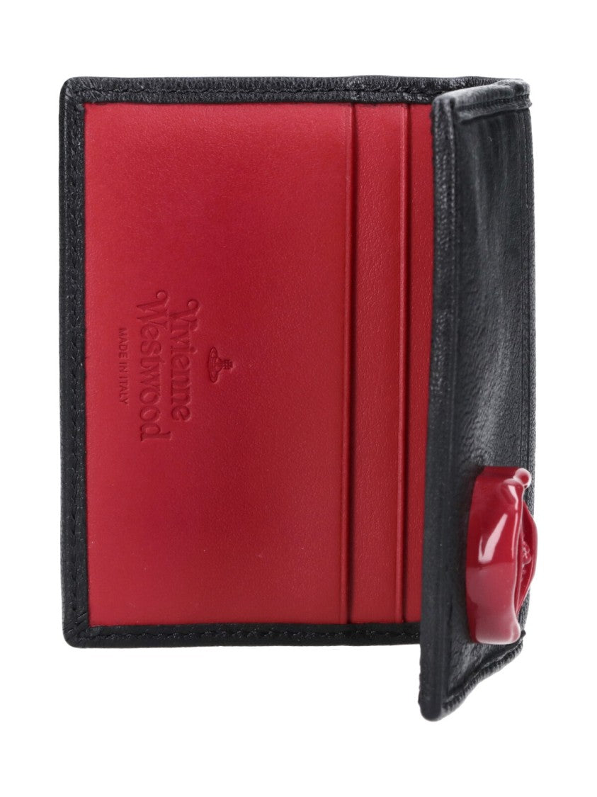 Vivienne Westwood Black Orb Red Logo Card Slot Leather Wallet