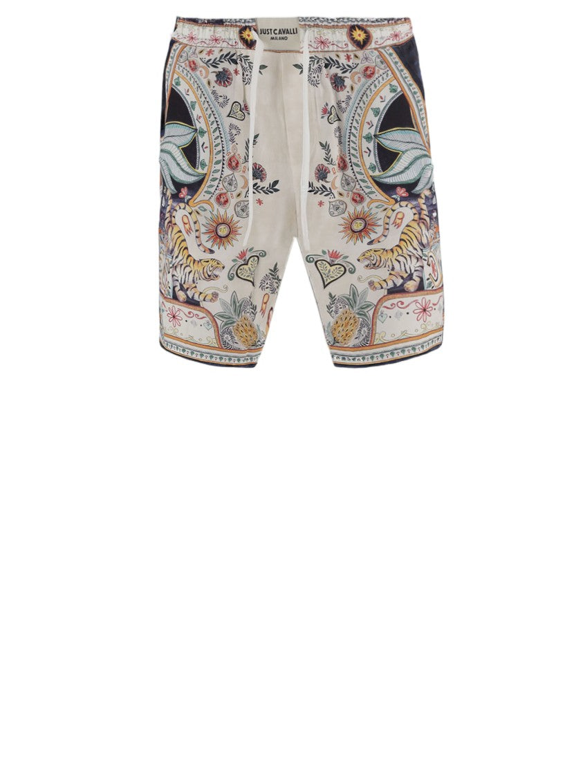 Just Cavalli Intricate Printed Viscose Shorts With Adjustable Drawstring Waist