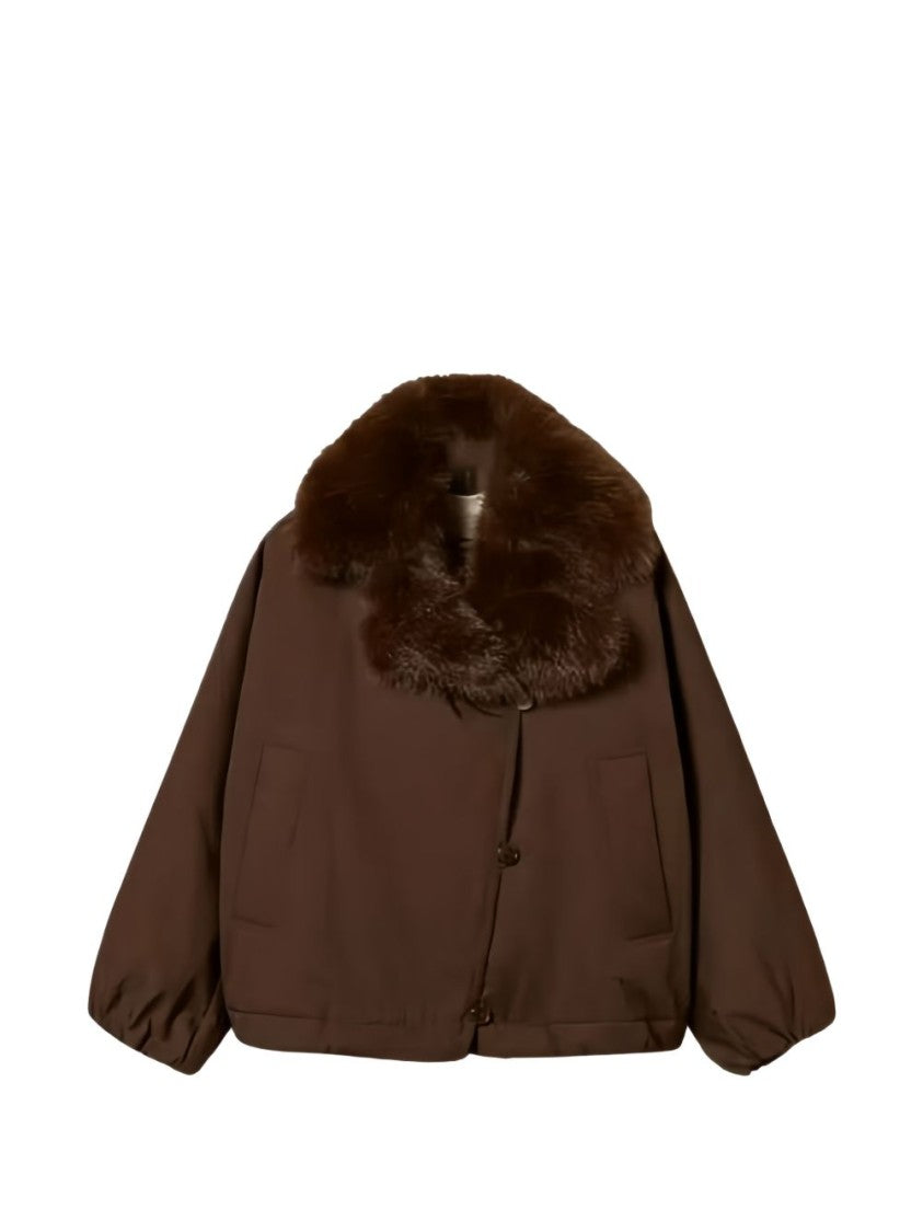 Twin-Set Short Brown Coat With Wide Fur Collar