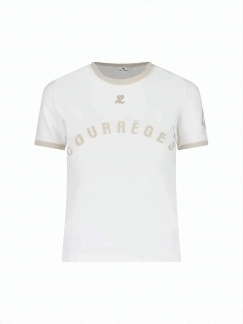 Courrèges Cropped White T-Shirt With Beige Logo And Trim