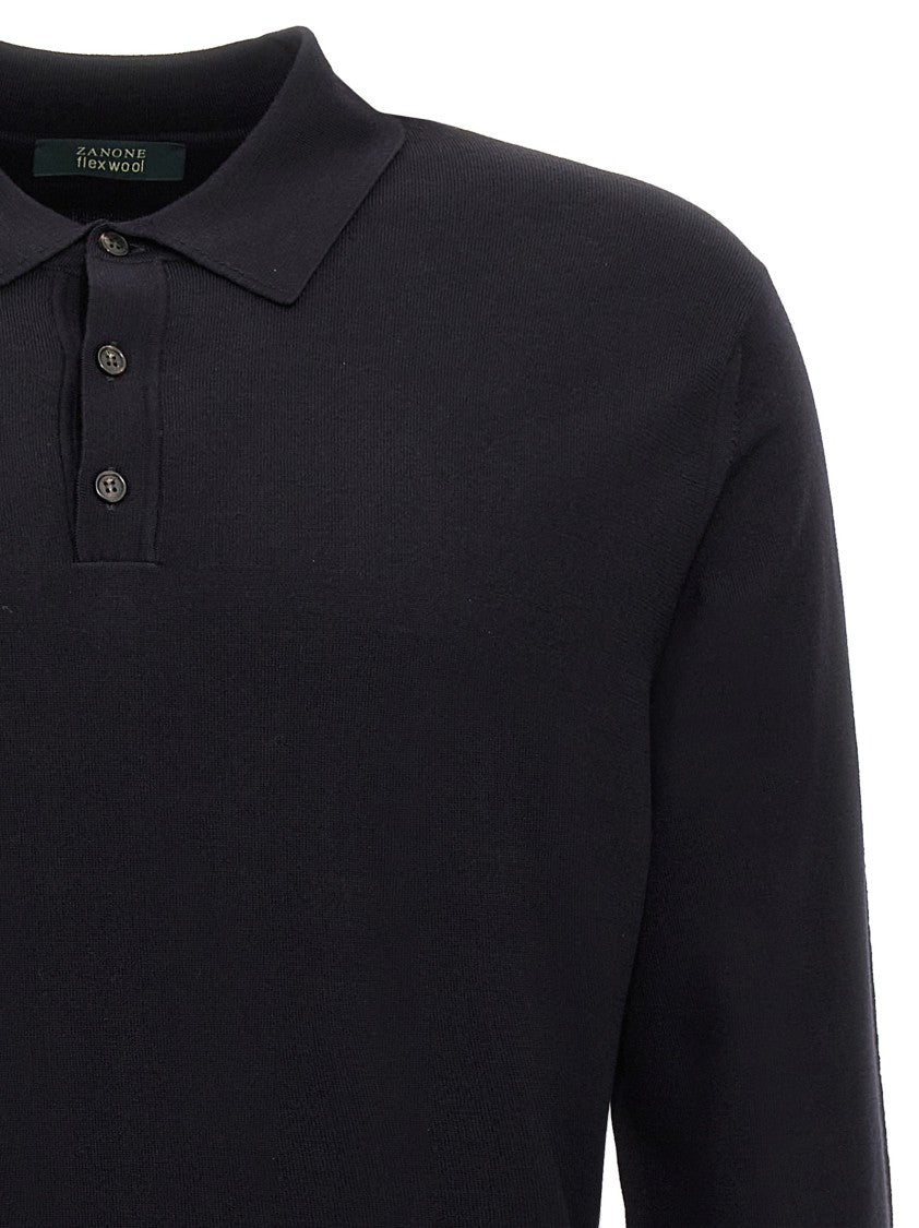 Zanone Blue Wool Knit Polo Shirt With Classic Collar And Cuffed Sleeves