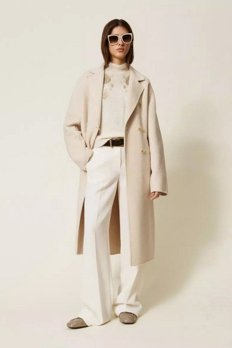 Twin-Set Ivory Double-Breasted Belted Wool-Blend Coat