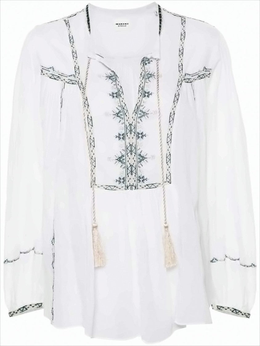 Isabel Marant Relaxed-Fit White Shirt With Embroidery And Tassel Tie