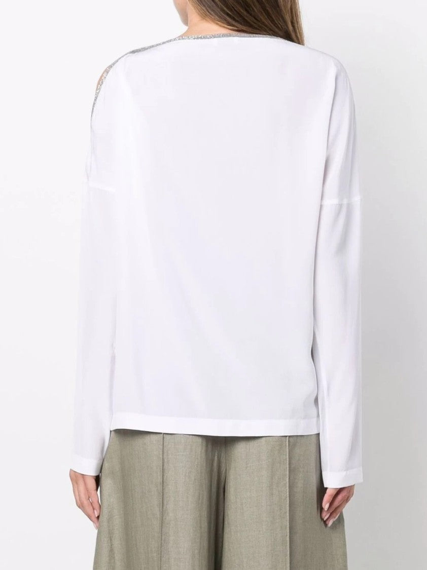 Brunello Cucinelli Long-Sleeve White Knit Top With Unique Shoulder Detail