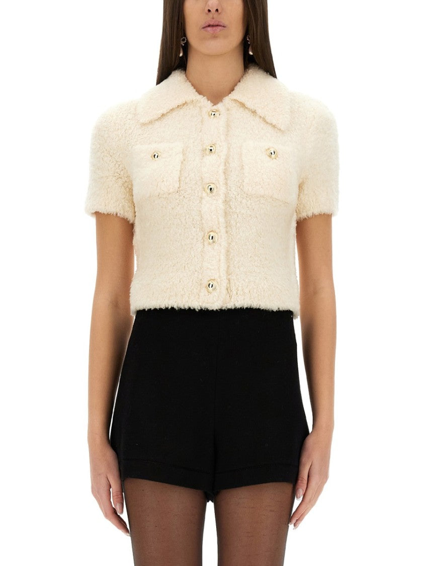Self-Portrait Cropped Collared Knitted Top With Button-Down Front