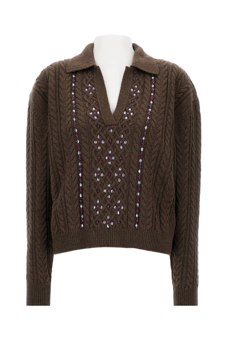 Des Phemmes Embroidered Cable-Knit Sweater With Classic Collar And Ribbed Cuffs