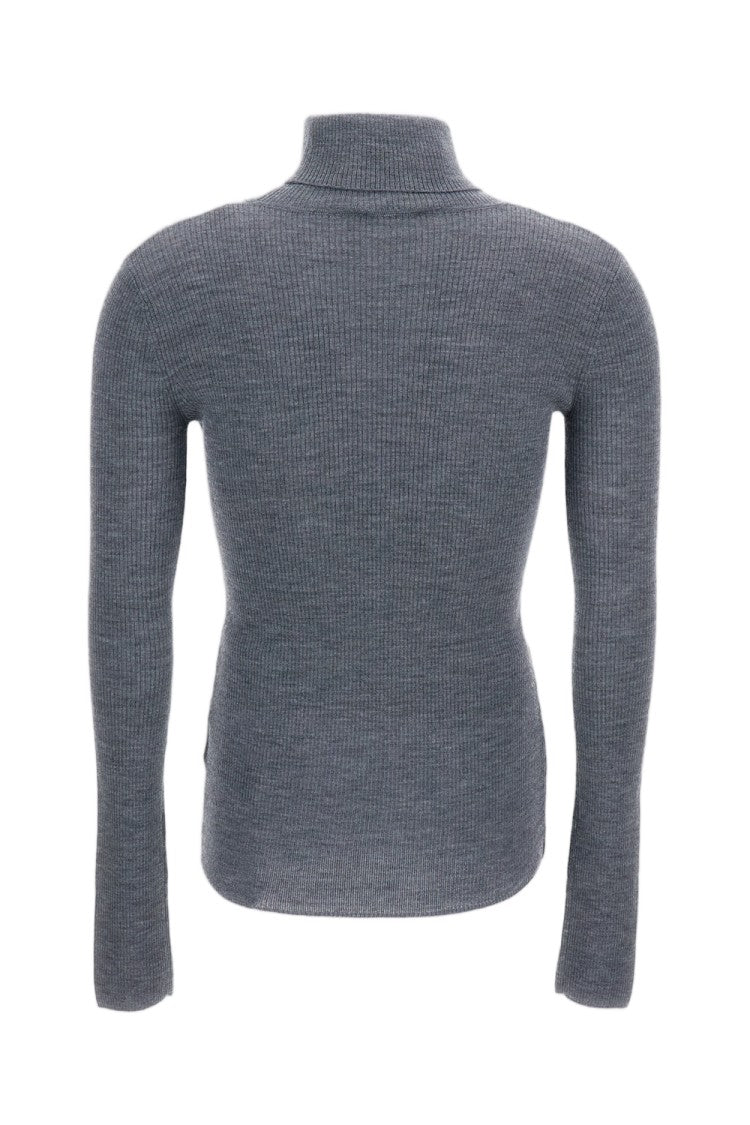 Elisabetta Franchi Grey Ribbed Tricot Stretch Wool Turtleneck