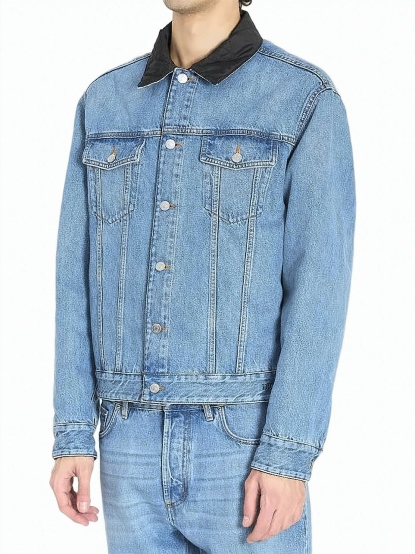 Dior Structured Light Blue Denim Jacket With Black Collar And Tailored Fit